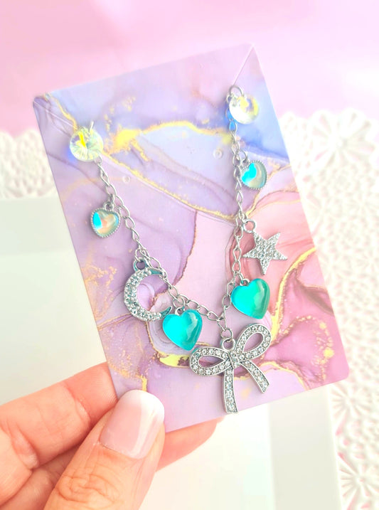 Bracciale con fiocco e cuori verde acqua