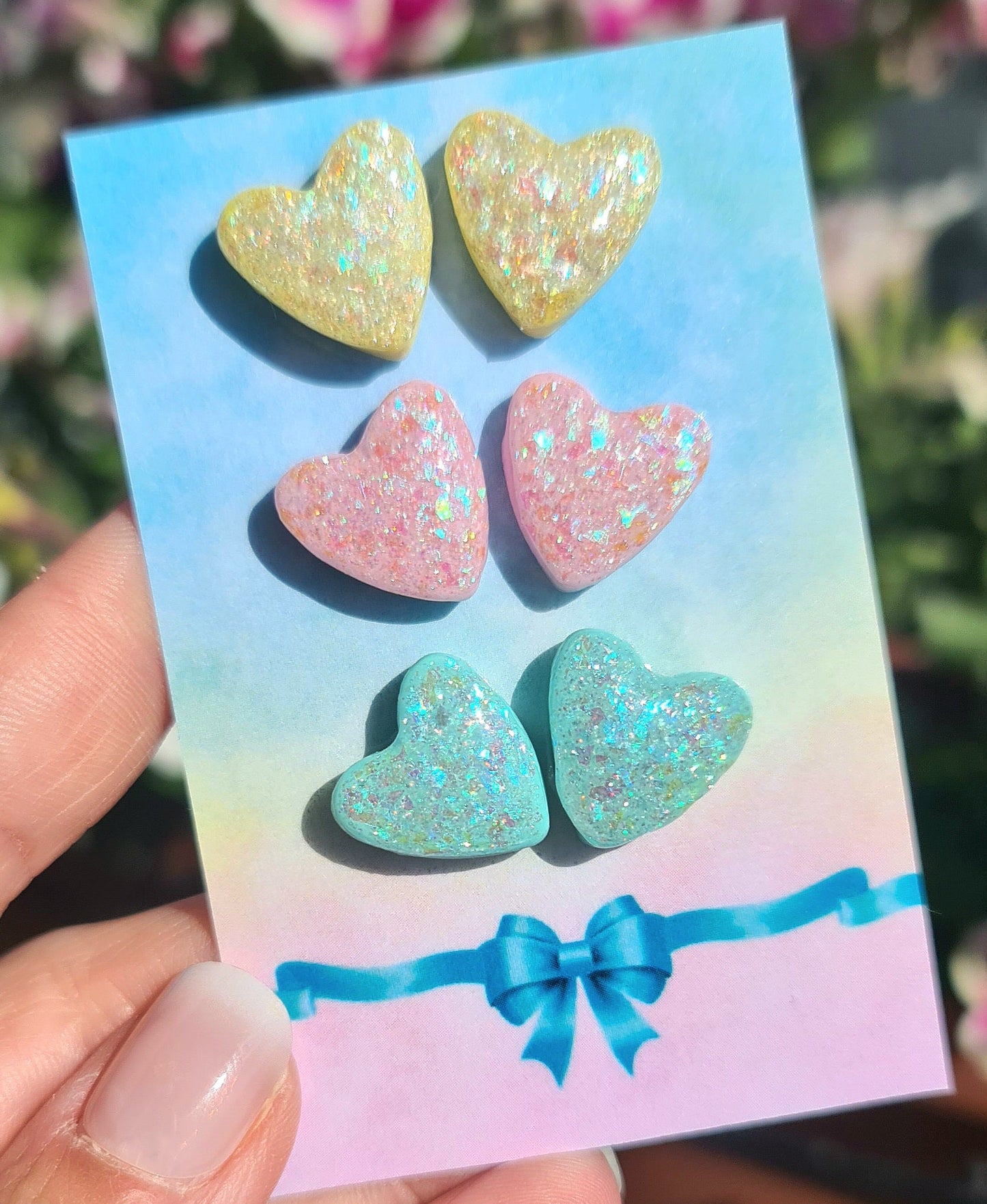 Set Orecchini Cuore Glitterati Brillanti al Sole – Orecchini Artigianali in Argilla Polimerica e Resina, Set da 3 Paia rosa-giallo-verde acqua