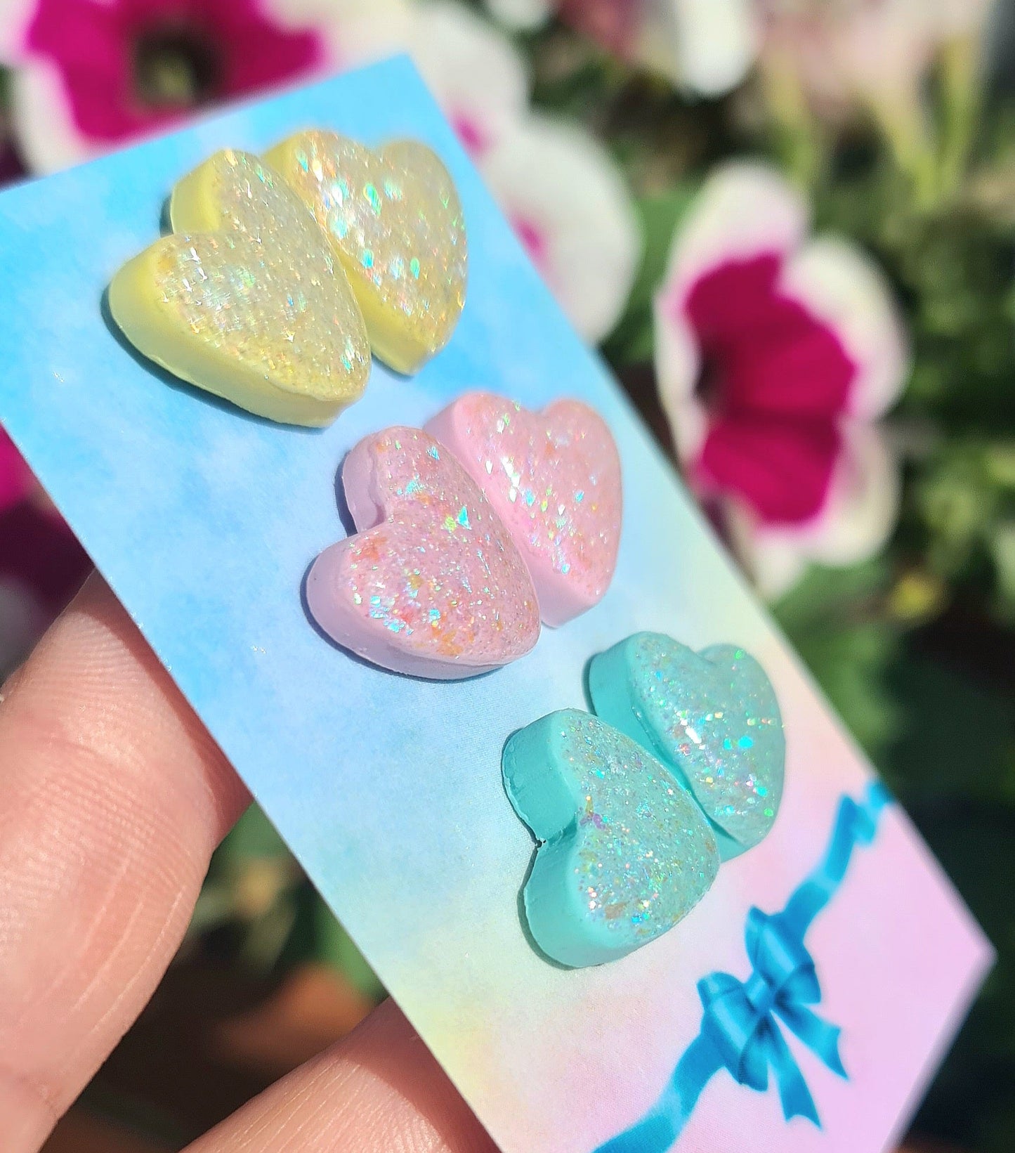 Set Orecchini Cuore Glitterati Brillanti al Sole – Orecchini Artigianali in Argilla Polimerica e Resina, Set da 3 Paia rosa-giallo-verde acqua
