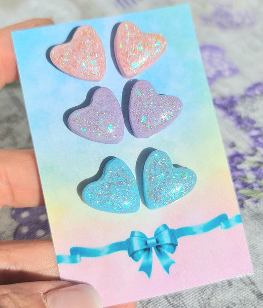 Set Orecchini Cuore Glitterati Brillanti al Sole – Orecchini Artigianali in Argilla Polimerica e Resina, Set da 3 Paia rosa-lilla-celeste