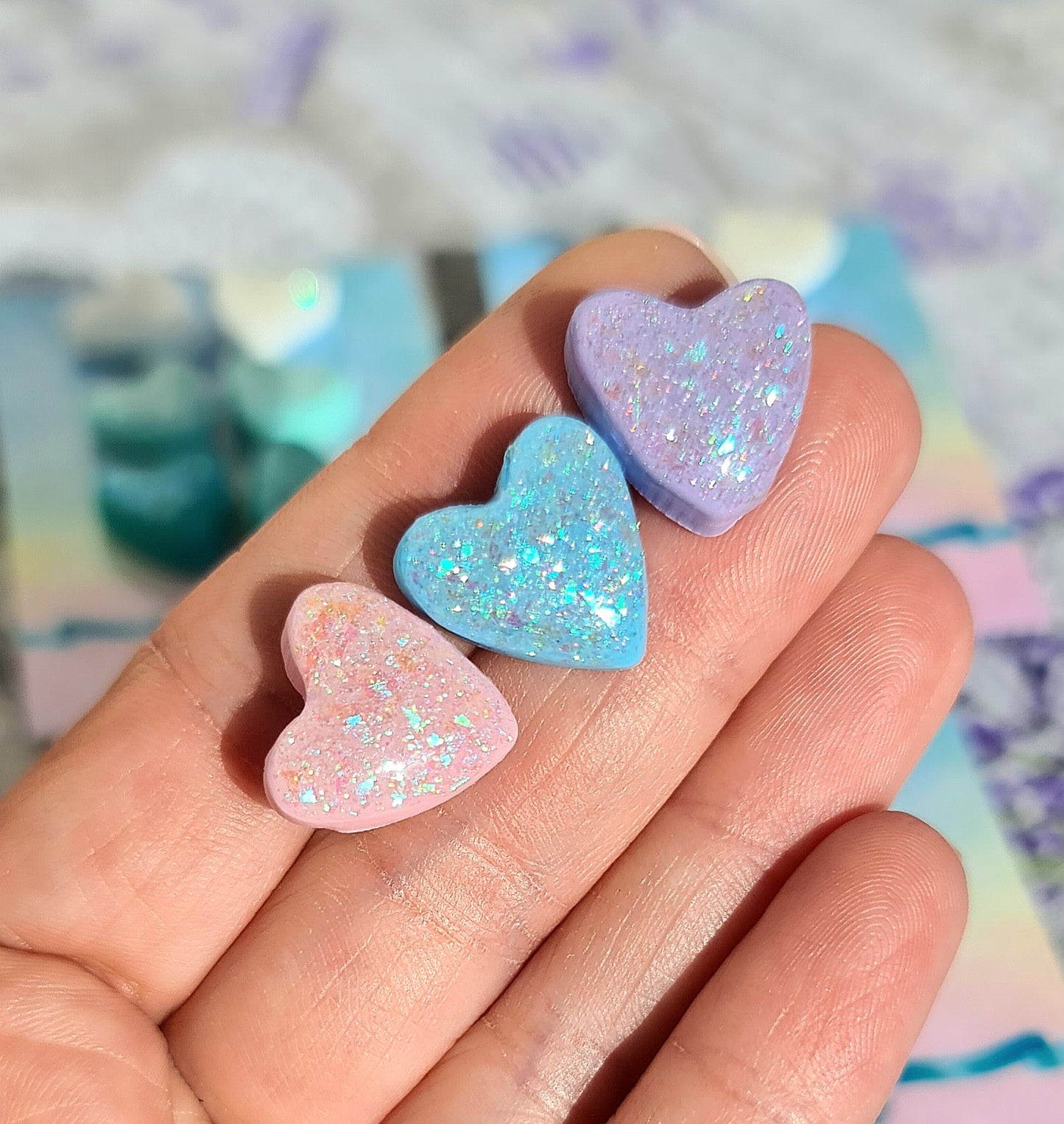 Set Orecchini Cuore Glitterati Brillanti al Sole – Orecchini Artigianali in Argilla Polimerica e Resina, Set da 3 Paia rosa-lilla-celeste