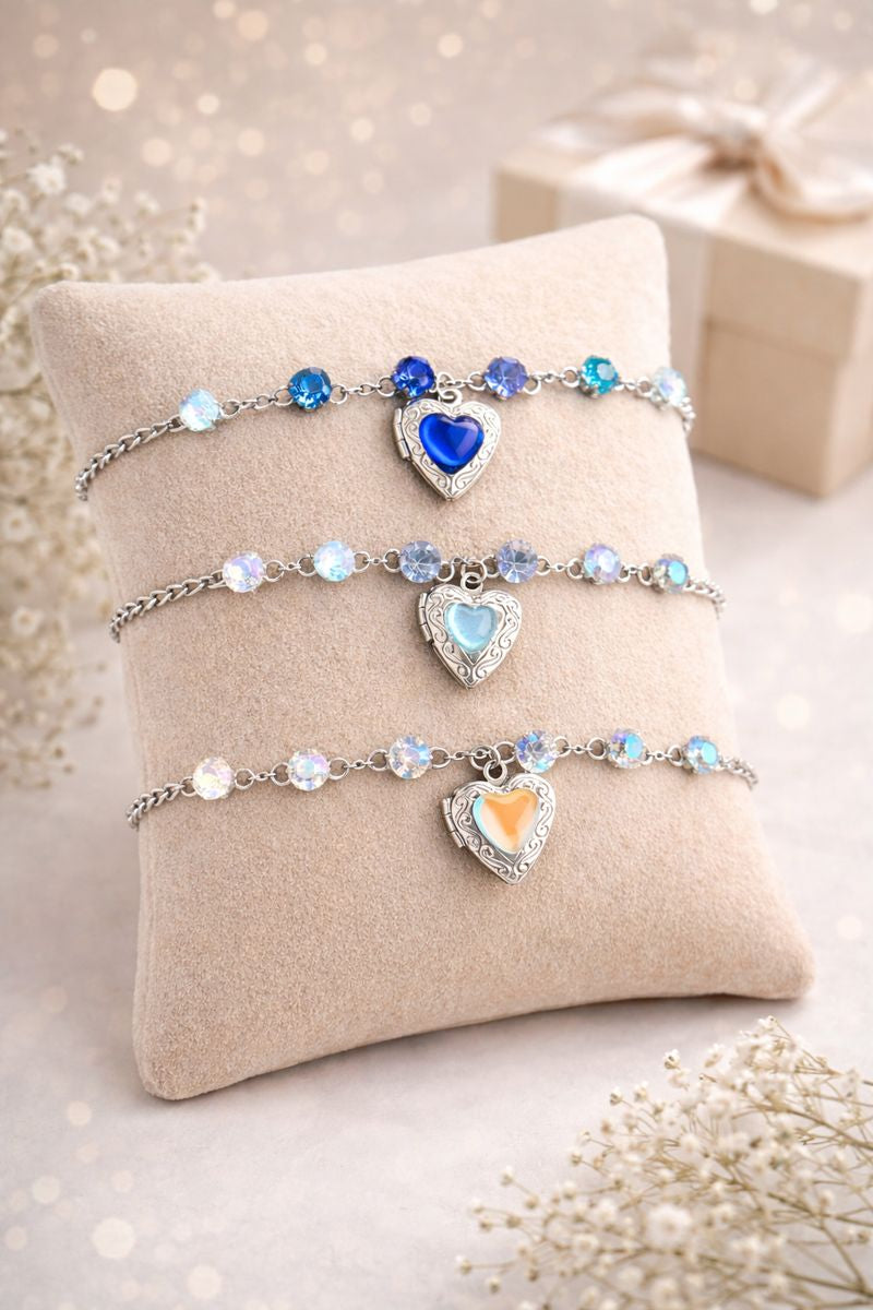 Bracciali artigianali con ciondoli Cuore apribili e strass di vetro – Acciaio Inox Ipoallergenico