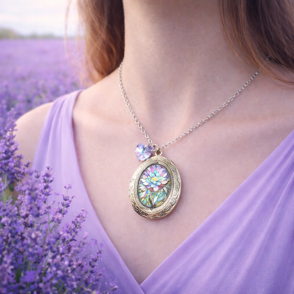Collana con medaglione apribile e cabochon floreale