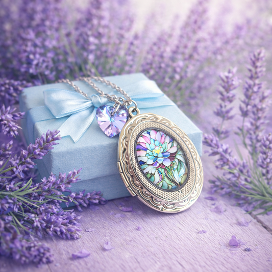 Collana con medaglione apribile e cabochon floreale