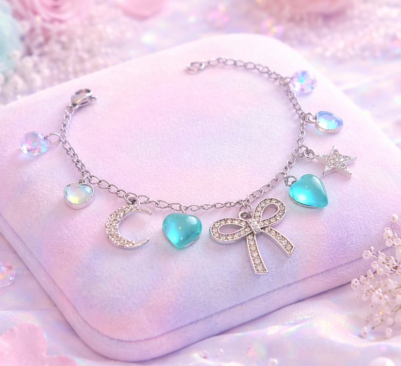Bracciale con fiocco e cuori verde acqua