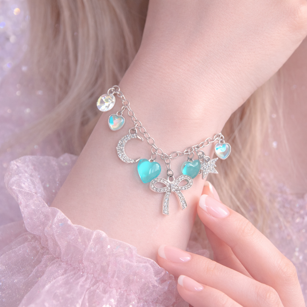 Bracciale con fiocco e cuori verde acqua