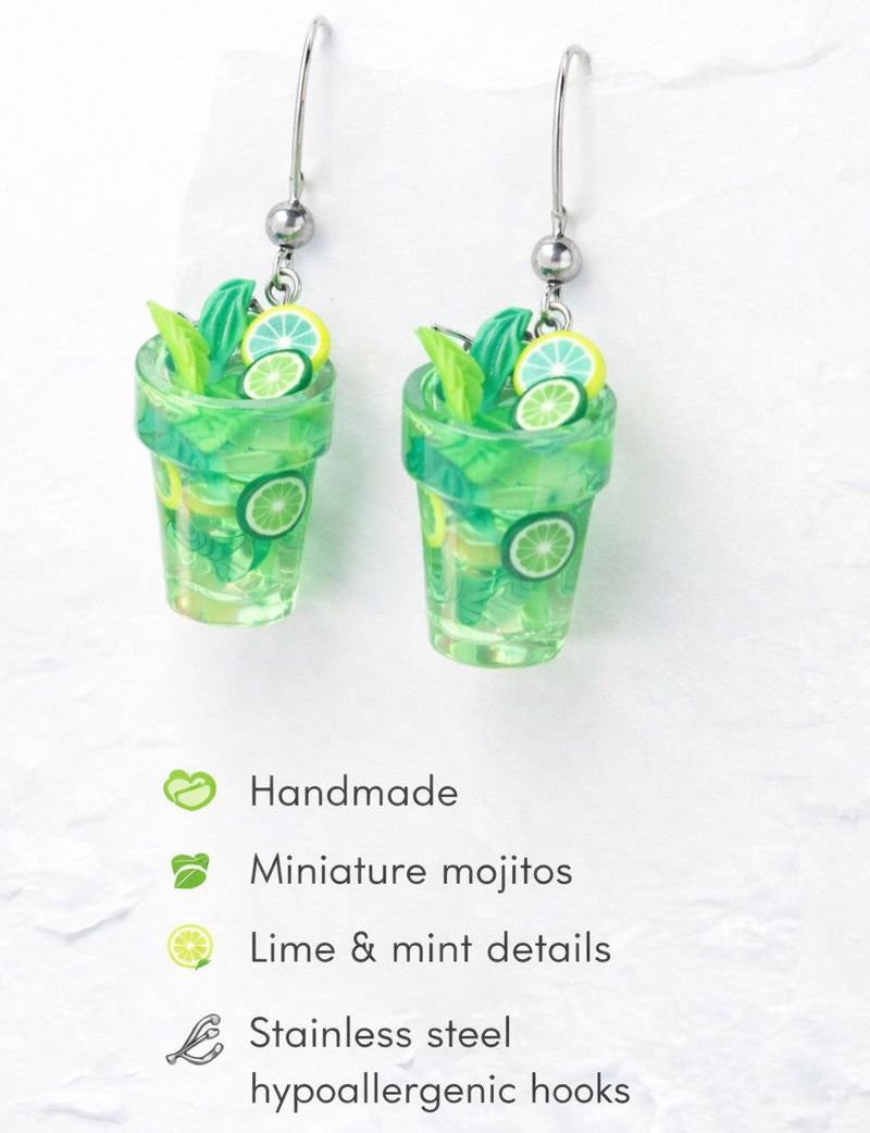 Orecchini Mojito Miniatura Fatti a Mano – Lime e Menta – Gioielli Originali Artigianali