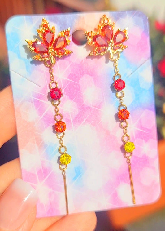 Orecchini foglie d'acero con cascata di strass